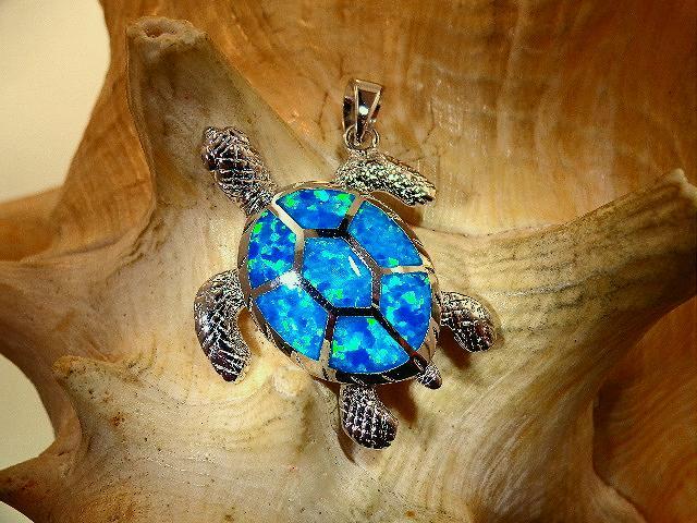 26MM RHODIUM 925 STER SILVER INLAID BLUE OPAL TEXTURED HAWAIIAN TURTLE PENDANT