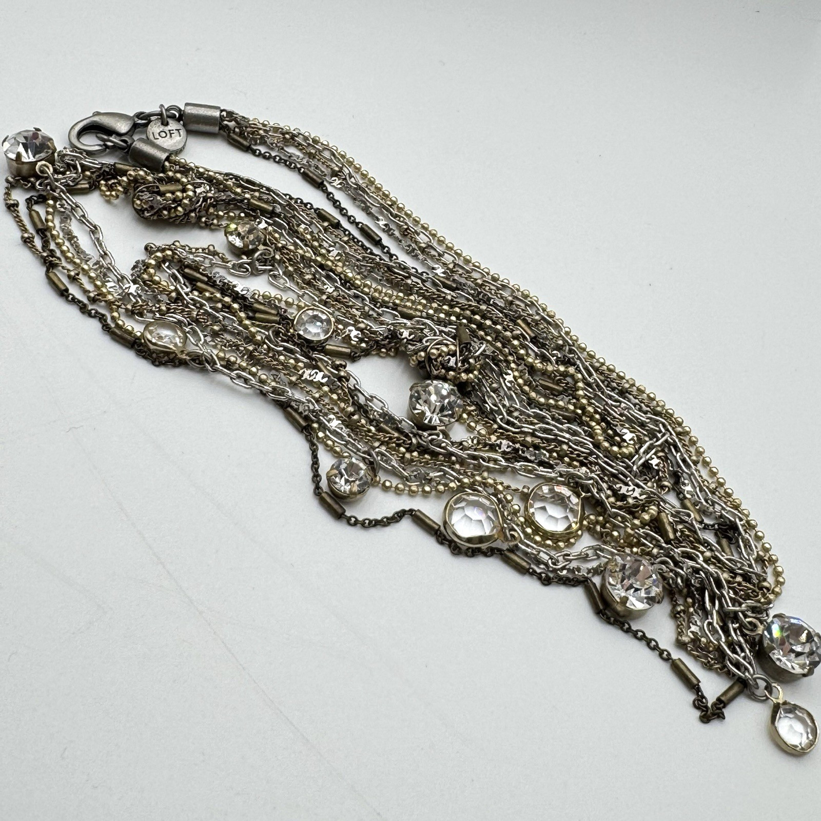 Ann Taylor Loft Necklace Multi Chain Gold Silver Tone Glass Faceted Rhinestones