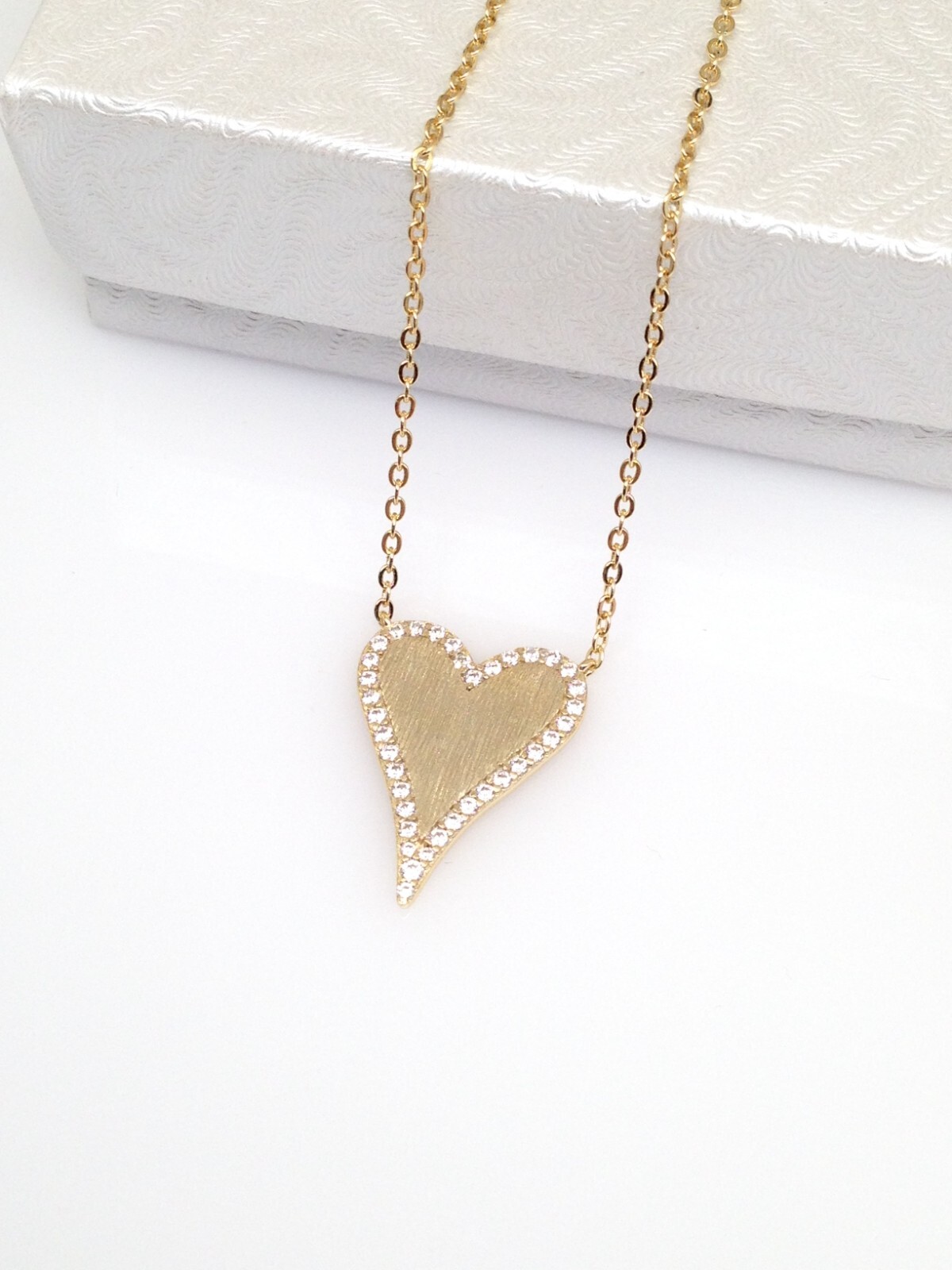 925 Sterling Silver CZ Matte Gold Heart Pendant Necklace Women 19mm/0.75″ 17.5”