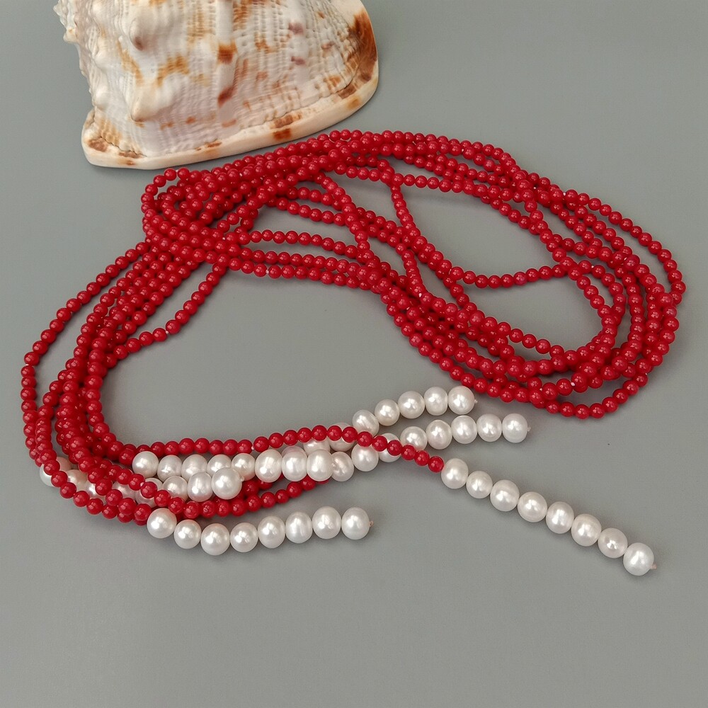 3 Rows Red Coral Cultured White Pearl Lariat Long Necklace 50″