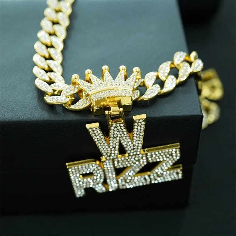 Iced W Rizz Crown Pendant Necklace CZ Bling Hip Hop Miami Cuban Link Chain Mens