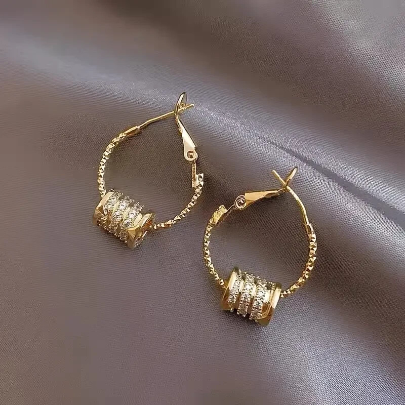 Elegant Golden Hoop Earrings Sparkling Zirconia Style Zinc Alloy