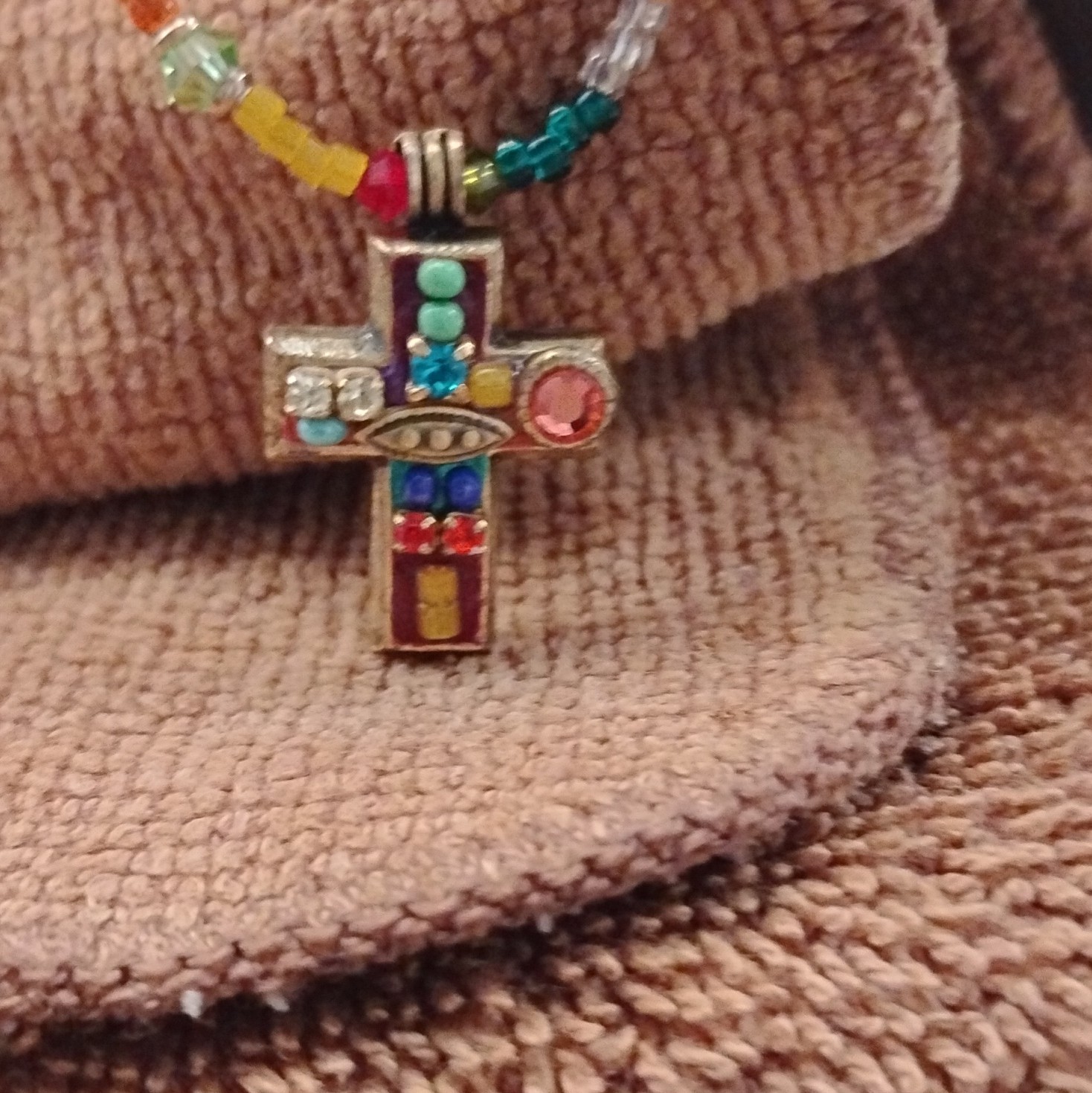 Michael Galan Multicolor Beaded Necklace Crystal Rhinestone Cross Pendant Signed