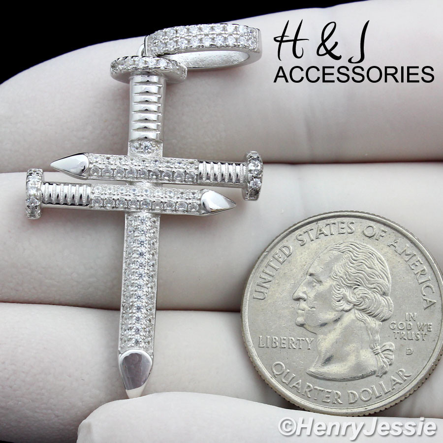 925 STERLING SILVER BLING CZ SILVER 3D NAIL CROSS CHARM PENDANT*ASP139