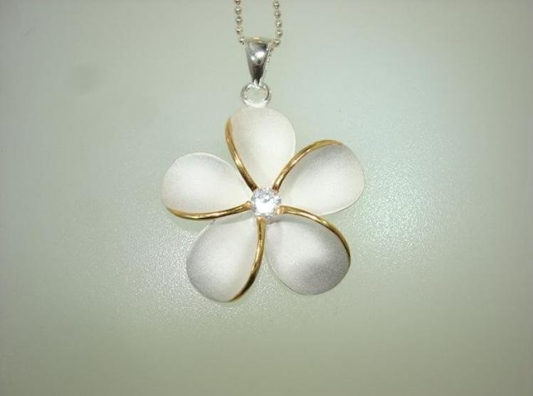 26MM 2-TONE YELLOW GOLD PLATED 925 SILVER HAWAIIAN PLUMERIA FLOWER CZ PENDANT