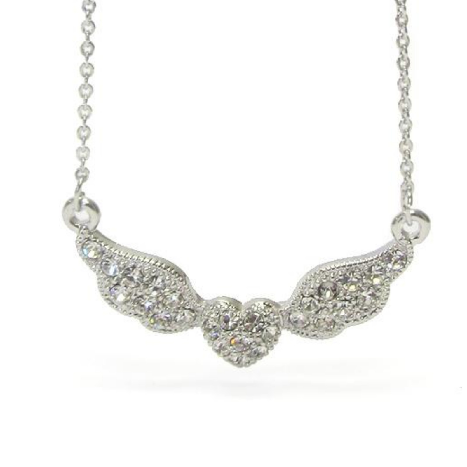 Crystal Heart and Wings Pendant Necklace White Gold