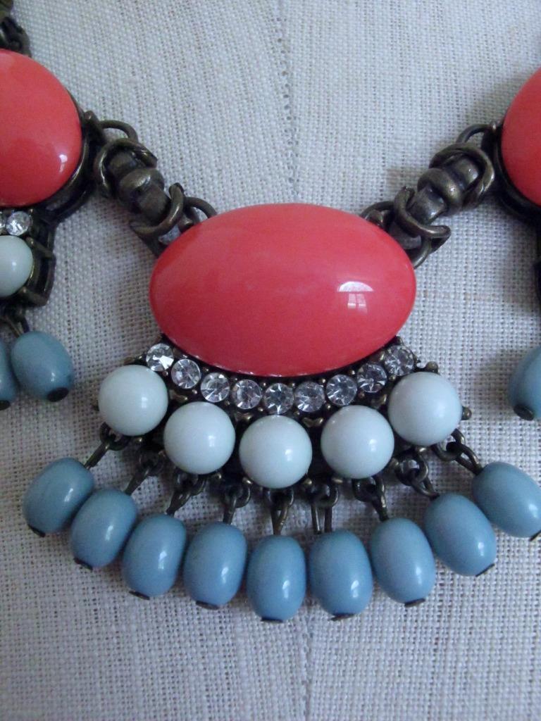 J. Crew Statement Fan Fringe Necklace Blue Coral Orange Beads Rhinestones