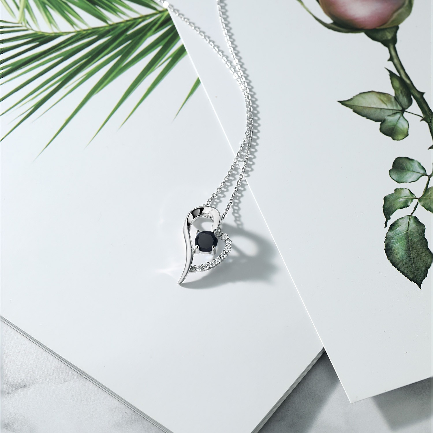 925 Sterling Silver Black Zirconia Heart Shape Pendant Necklace For Women (1.82