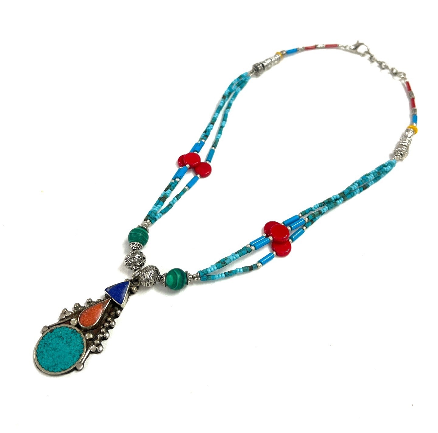 Ethnic Turquoise Lapis Gemstone Tibetan Pendant Necklace Jewelry, 17 Inch Adjust