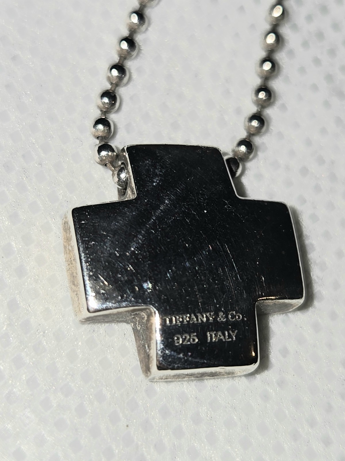 Tiffany & Co. 925 Sterling Square Roman Cross On Ball Chain Necklace Signed