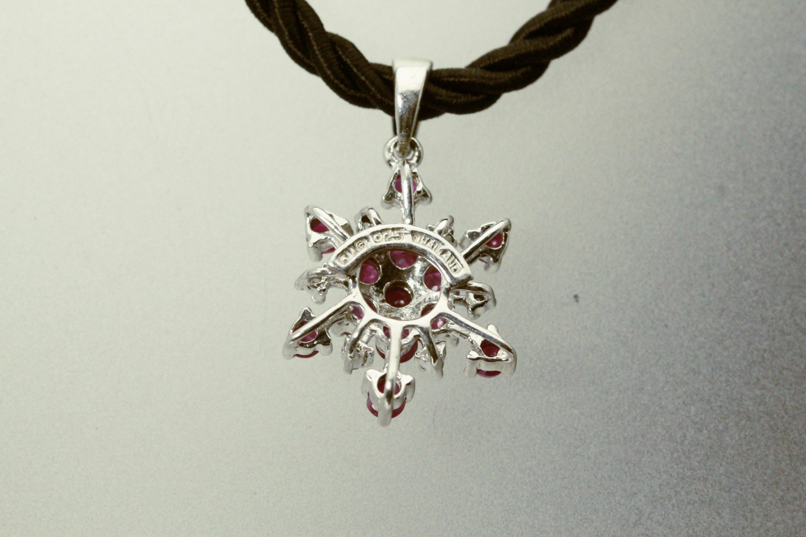 Red Ruby & Diamond Chips Snowflake Sterling Pendant Black Cord 5.4g (NEC5716)