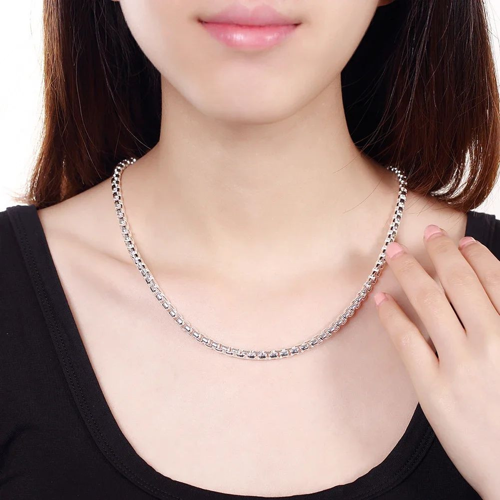 Hot Sale 925 Sterling Silver 4mm Round Grid Chain Necklace Woman Men Jewelry