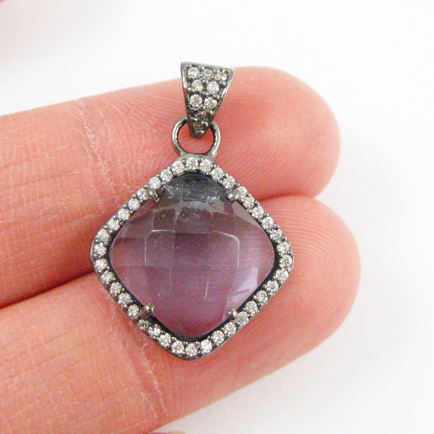 Oxidized Silver Iolite Quartz Bezel Gem Pendant,Cubic Zirconia Pave 17mm