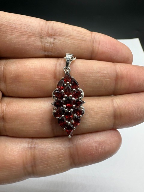 Natural Red Garnet Floral Cluster Pendant, Sterling Silver Statement Jewelry