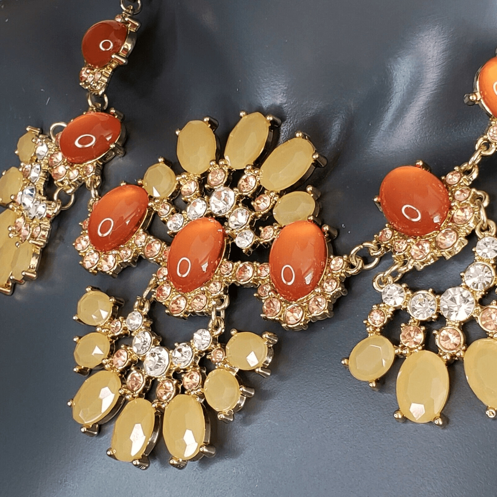 Talbots Moonstone Cabochon Necklace Lemon Orange Rhinestone Gold Setting Retired