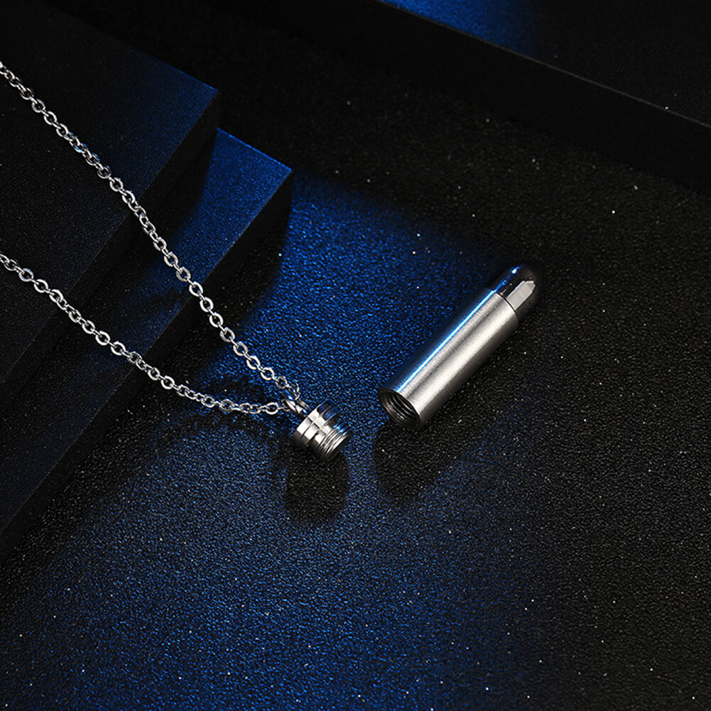 Mens Stainless Steel Necklace Open Bullet Pendant Pill Case Holder Male Jewelry