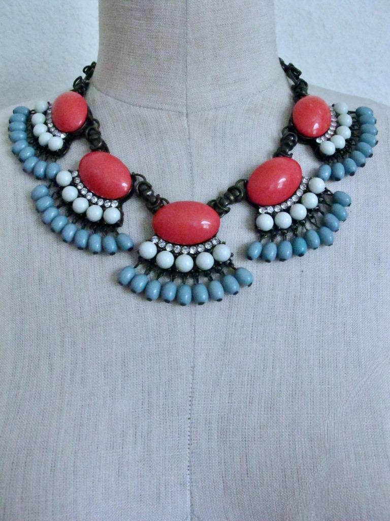 J. Crew Statement Fan Fringe Necklace Blue Coral Orange Beads Rhinestones