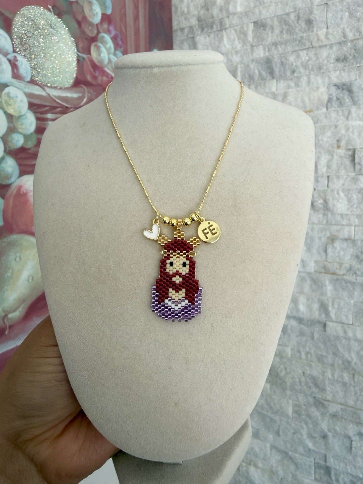 Gold Tone Cable Chain Necklace, Beaded Religious Charm Pendant, Lobster