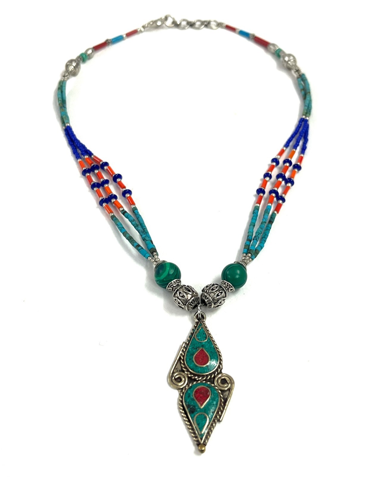 Turquoise Lapis Coral Gemstone Tibetan Statement Necklace Jewelry, 18 Inc Adjs