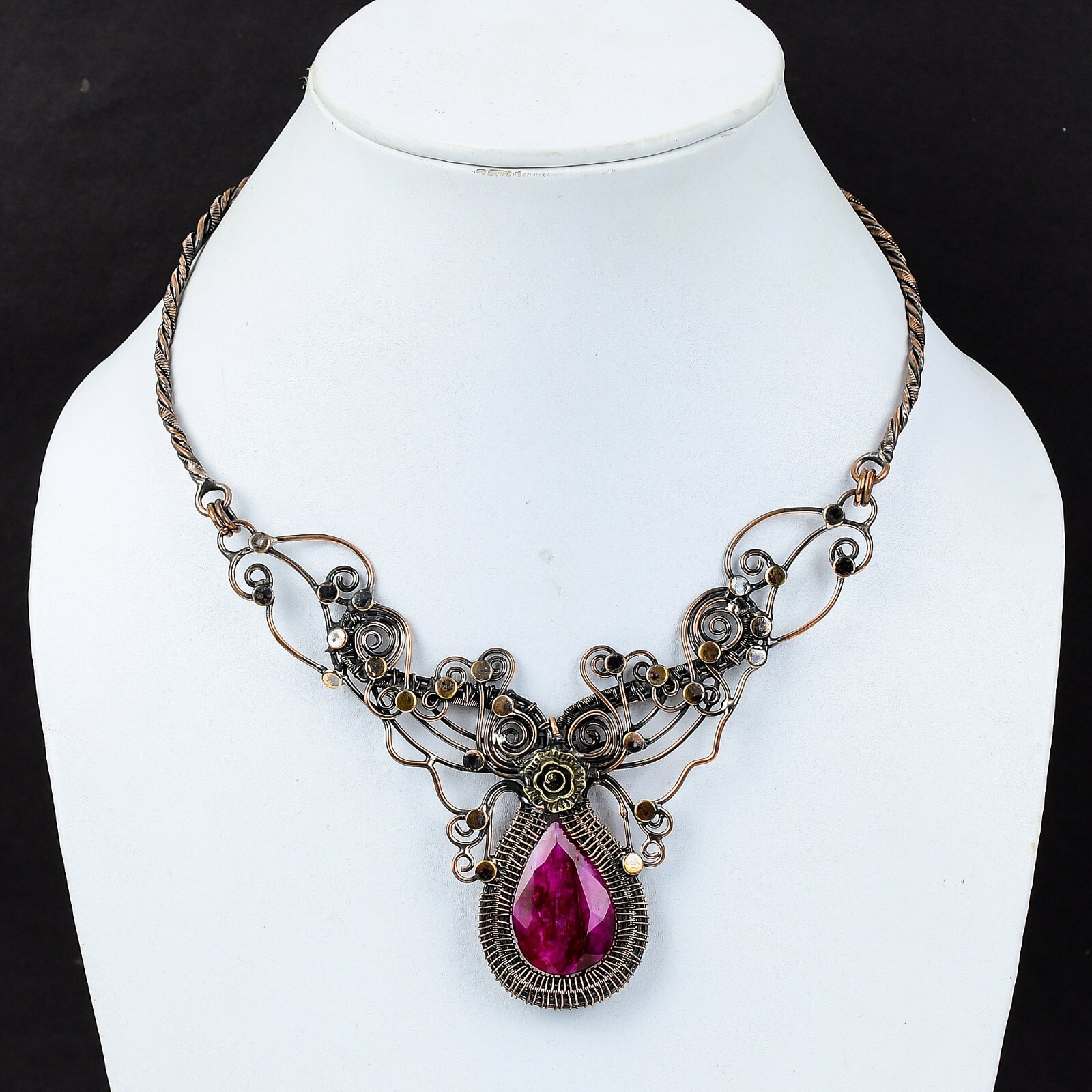 Kashmir Rubi Copper Gift For Her Wire Wrapped Flower Adjustable Necklace 18.0″