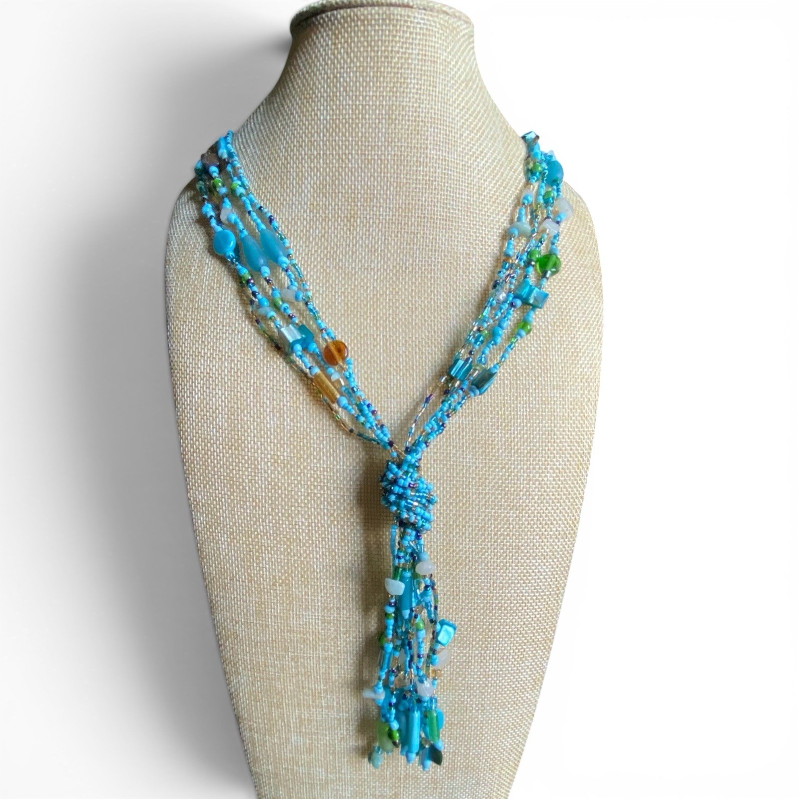 Boho Multi Strand Beaded Lariat Necklace Turquoise Blue Green Seed Bead Tassel