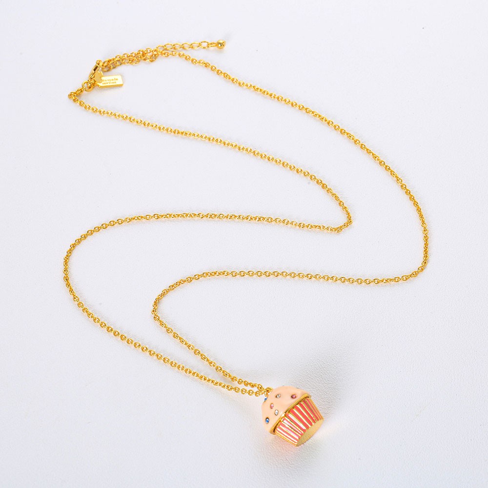 Hand Enamel Rhinestone Cupcake Long Necklace 18K Gold Plated Brass Sweater Chain