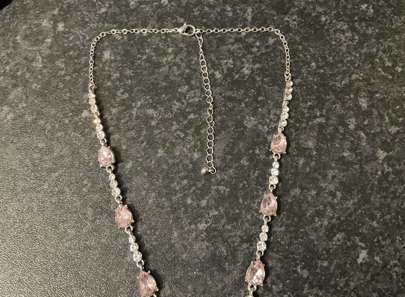 Preloved Y drop Necklace, Pink white crystal beads, silver tone 46cm + Extn
