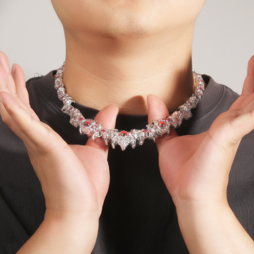 18″ Red Eyes Spikes Iced CZ Out Chain Choker Silver Necklace For Men Hip Hop