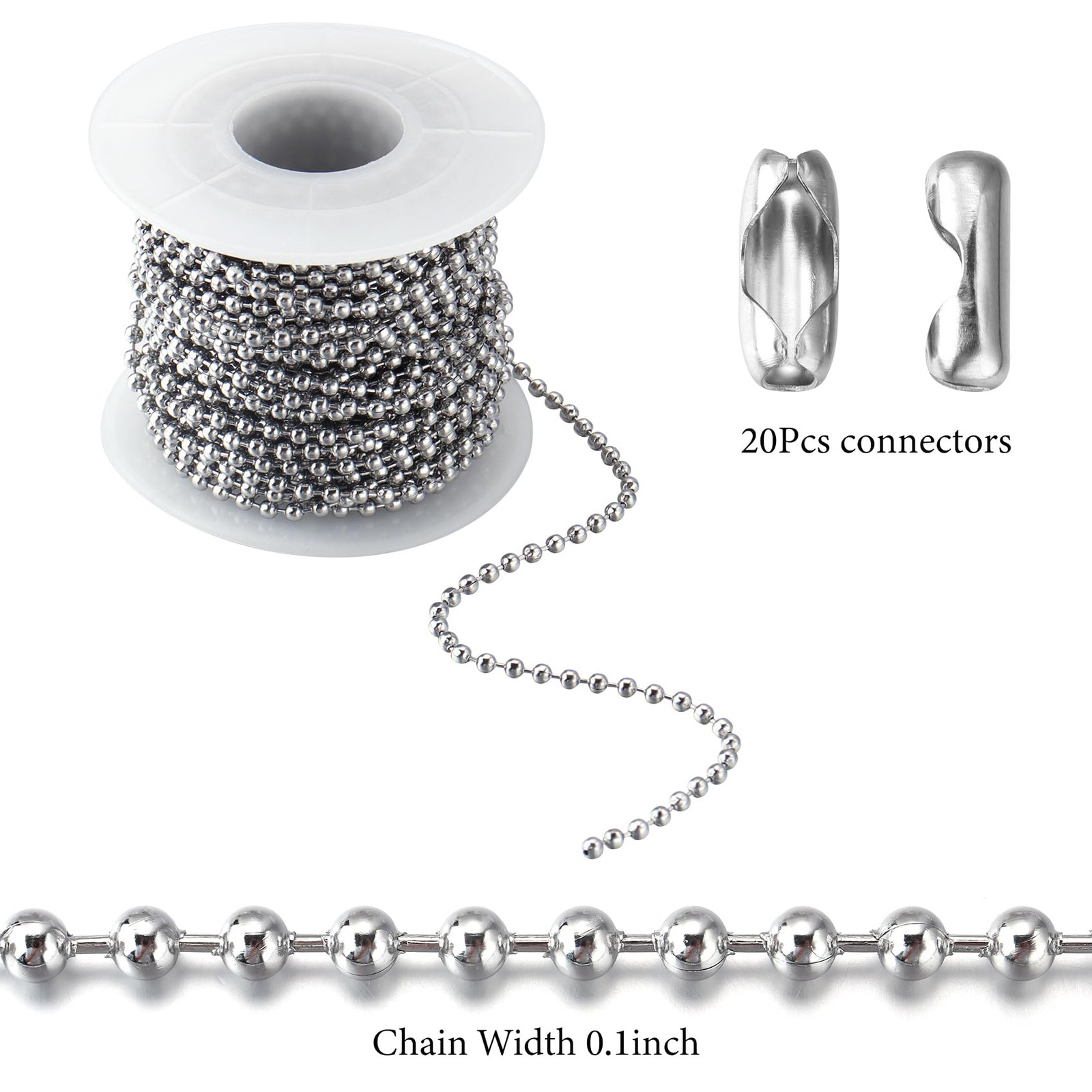 32.8Ft Stainless Steel Ball Chain 2.4mm Bead Link Chain Roll for Dog Tag