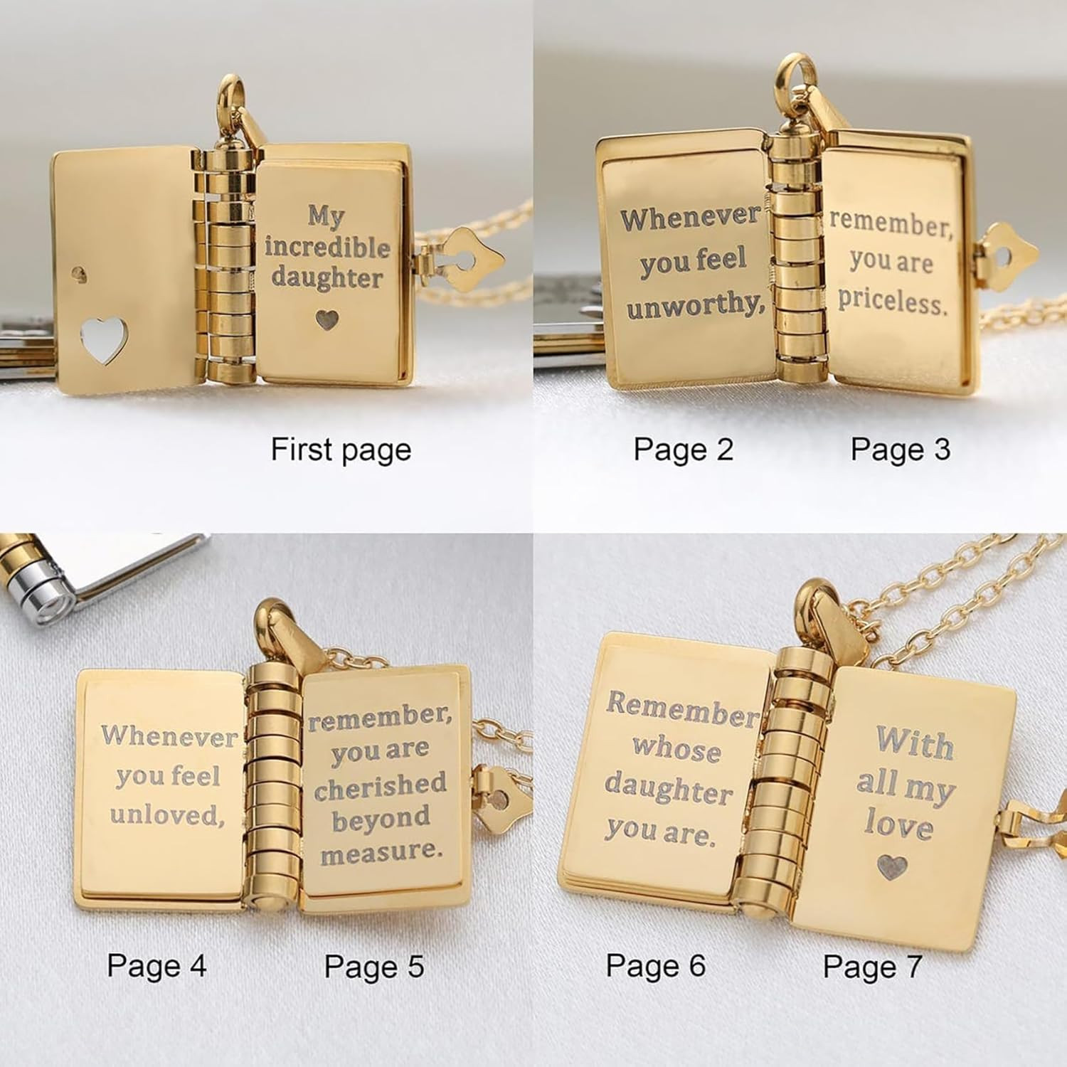 Book Necklace for Daughter Engraved Pages Gift Jewelry Adjustable Chain