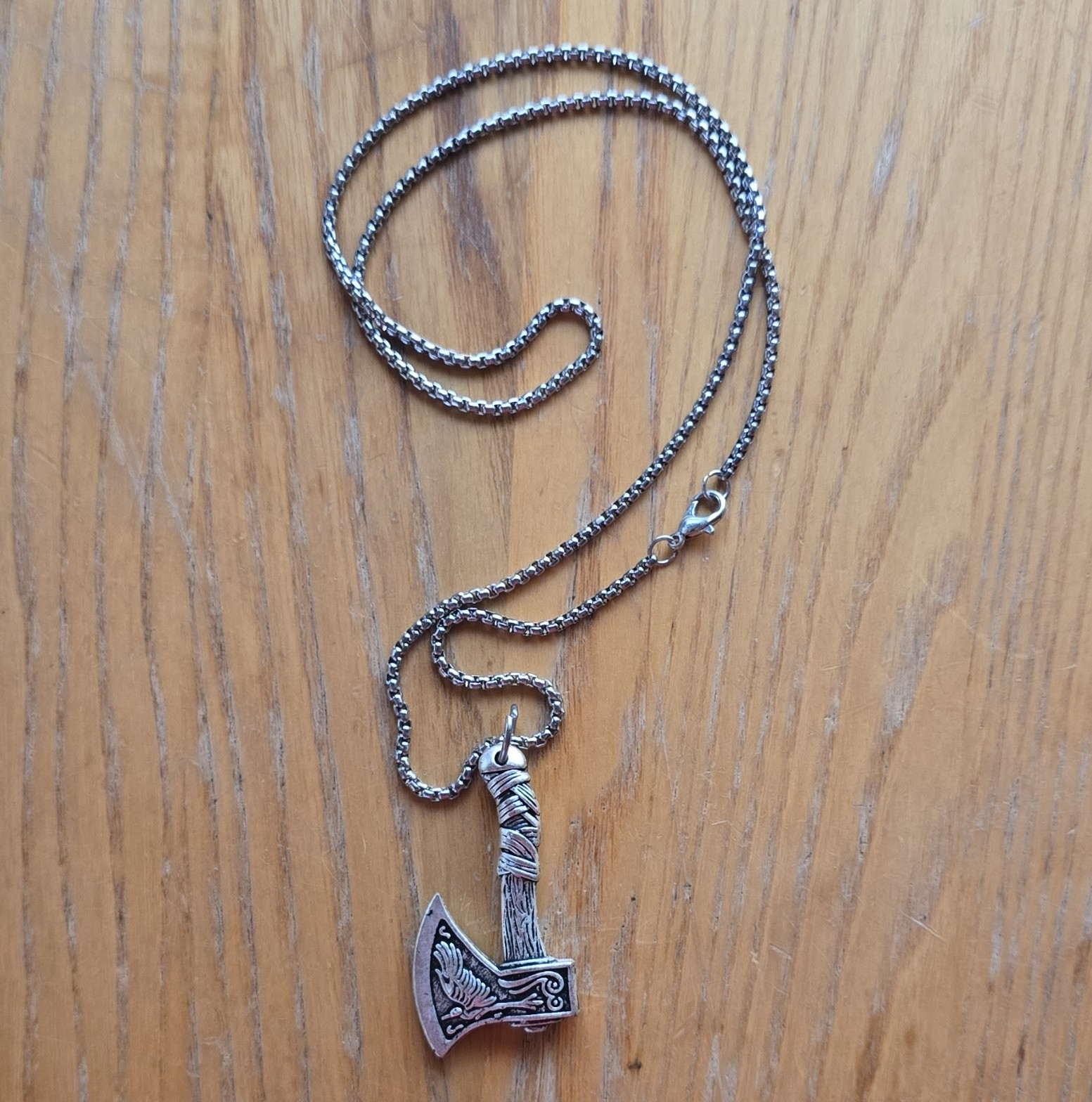 Viking Silver Tone Metal Axe Charm Pendant Necklace Box Chain Spring Ring