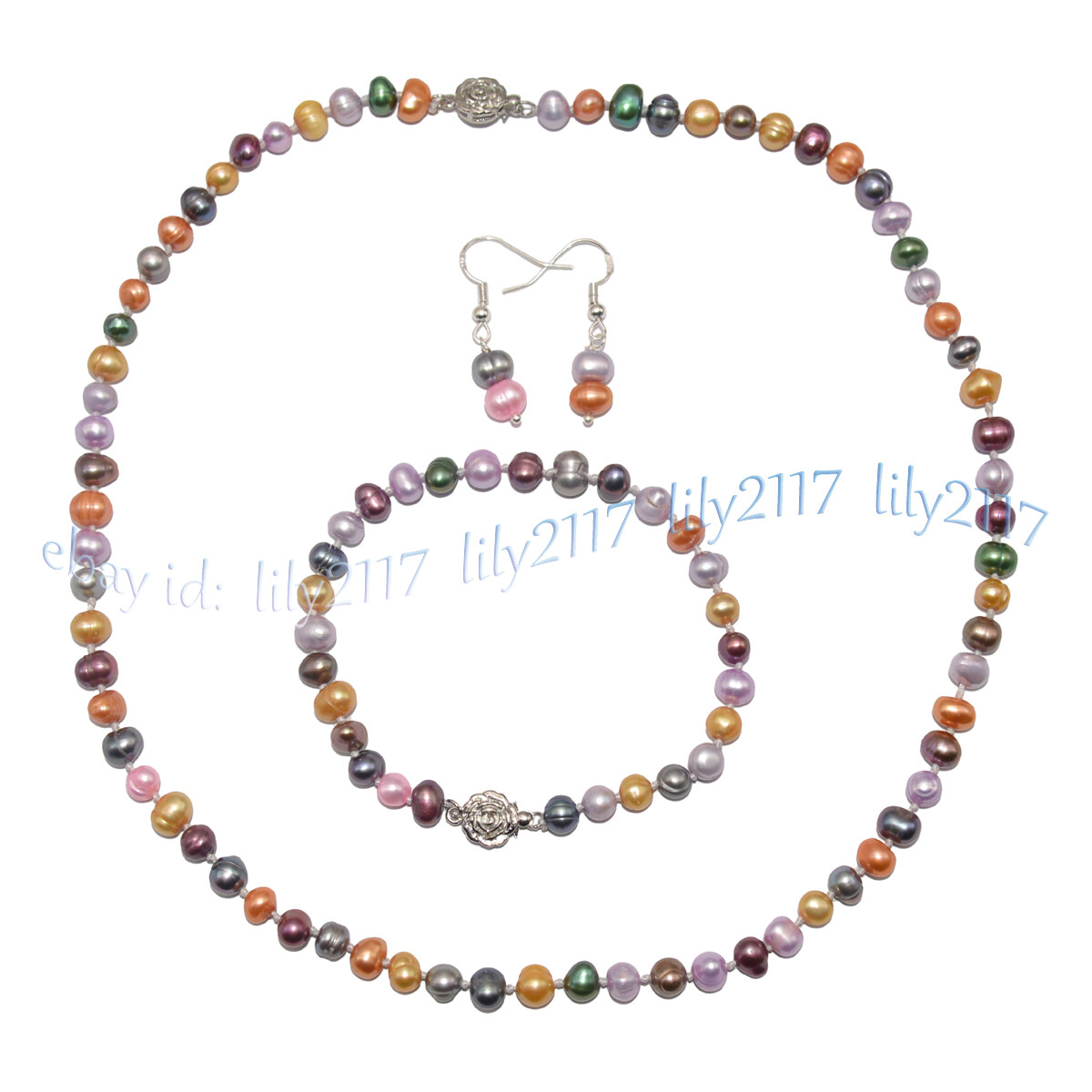 Natural 6-7mm Multicolor Freshwater Pearl Necklace Bracelet Earrings Jewelry Set