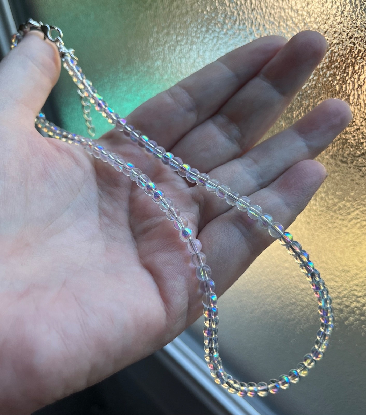 Iridescent clear AB glass bead necklace, silver plated clasp, 16 – 18 inches