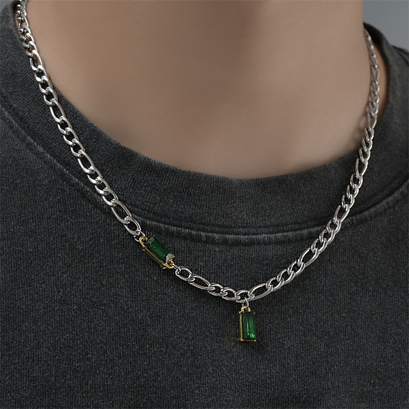 Silver Stainless Steel Figaro Chain Necklace Rectangle Green Zirconia Jewelry