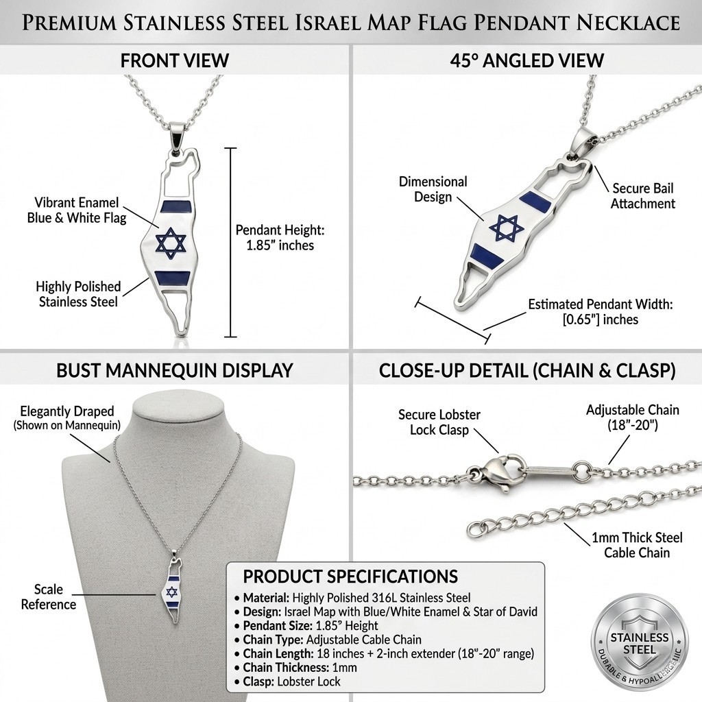 Israel Map Pendant Necklace Star of David 316L Stainless Steel 18-20″ Chain Gift