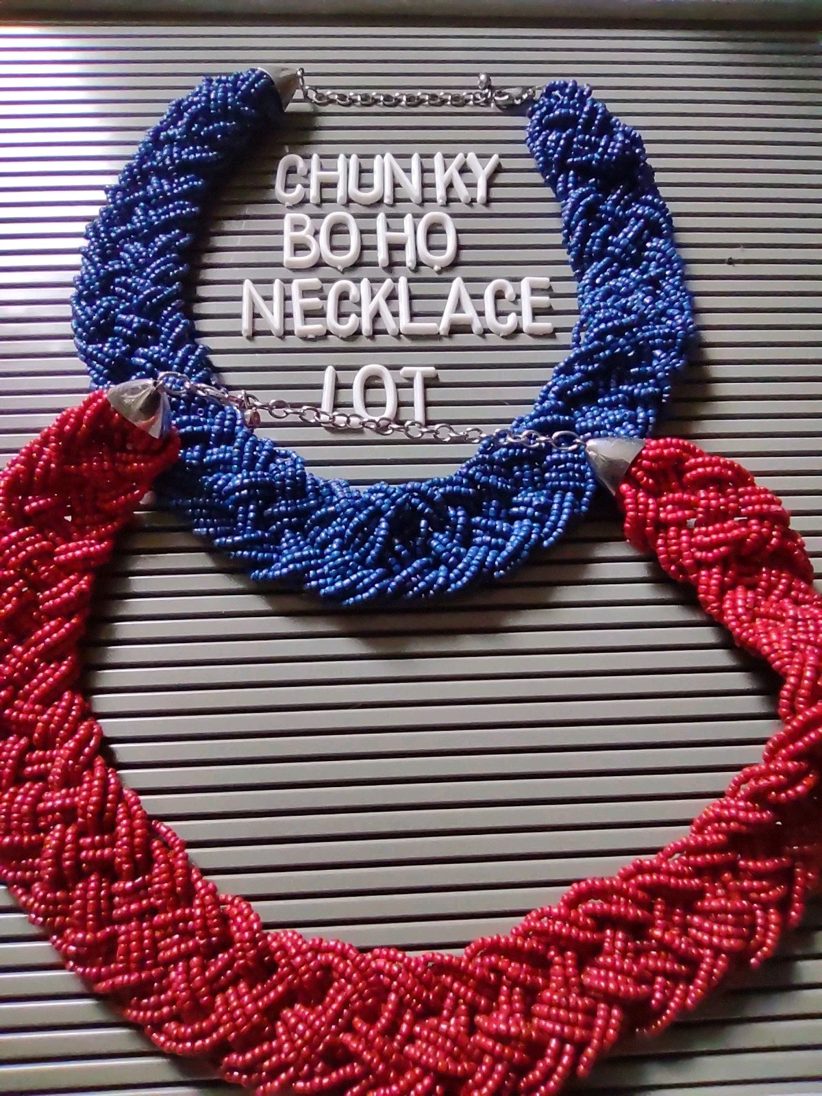 Statement Boho Glass Seed Bead Necklace Jewelry Lot Red Blue Chunky Braided
