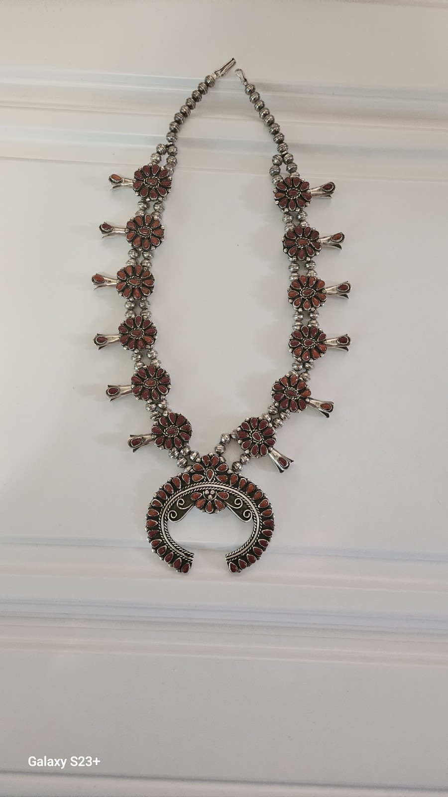 Silver Tone Beaded Necklace Crescent Charm Pendant Red Teardrop Floral Hook