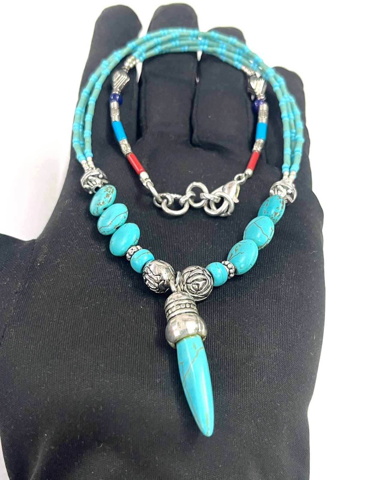 Ethnic Turquoise Gemstone Nepalese Statement Necklace Jewelry, 18 inch