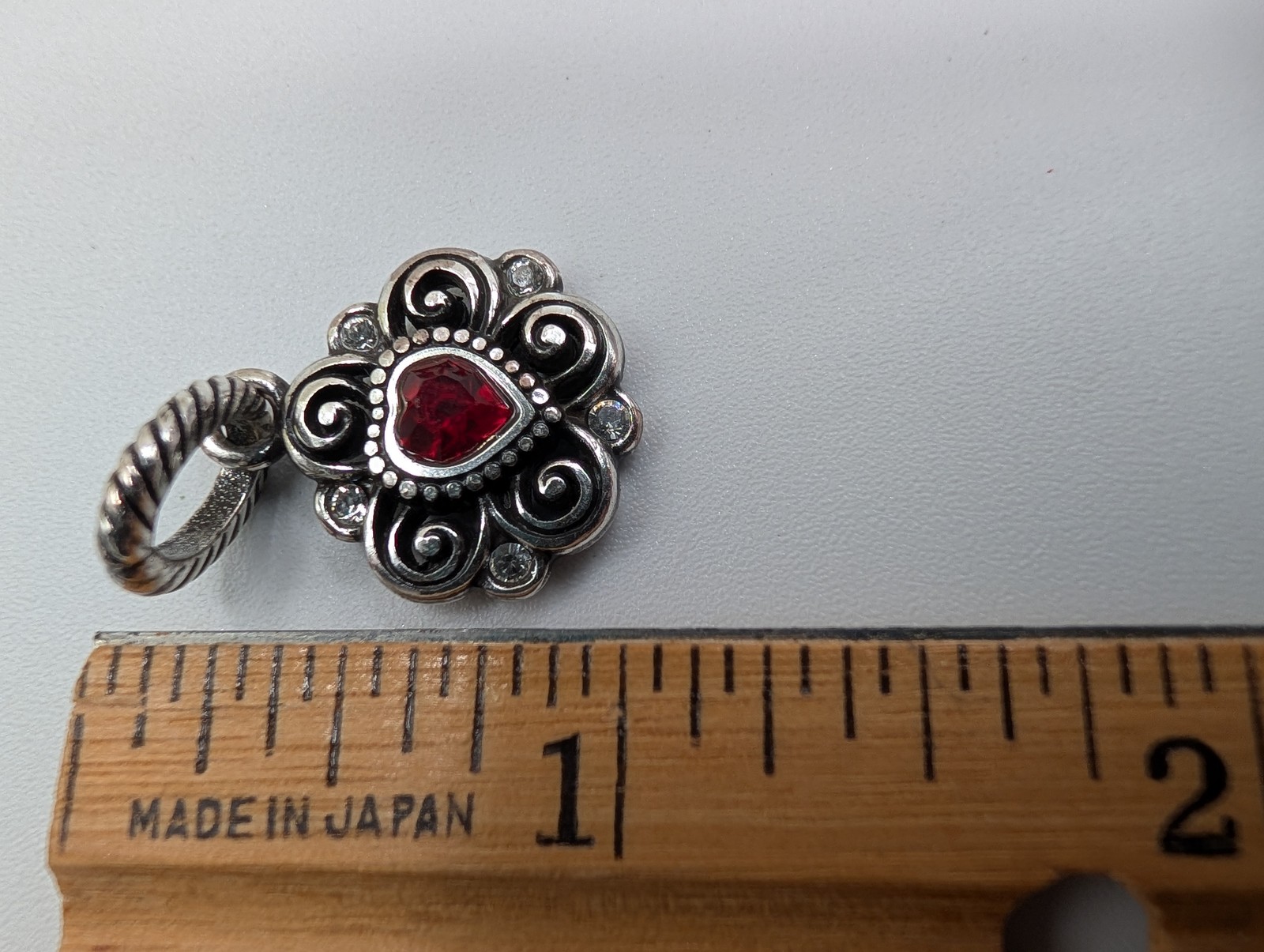 Brighton Silver Tone Red Heart Pendant Charm Scrollwork Clear Stones