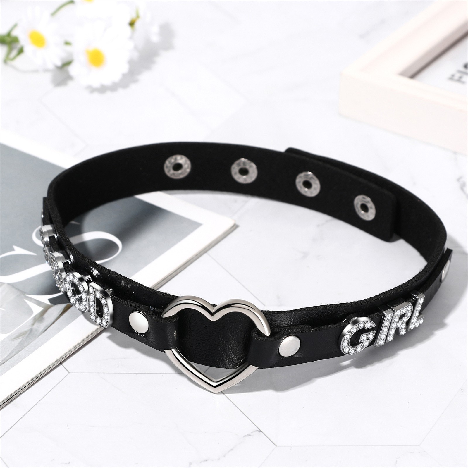Bling Rhinestone GOOD GIRL Heart Pendant Choker Adjustable Women Collar Necklace