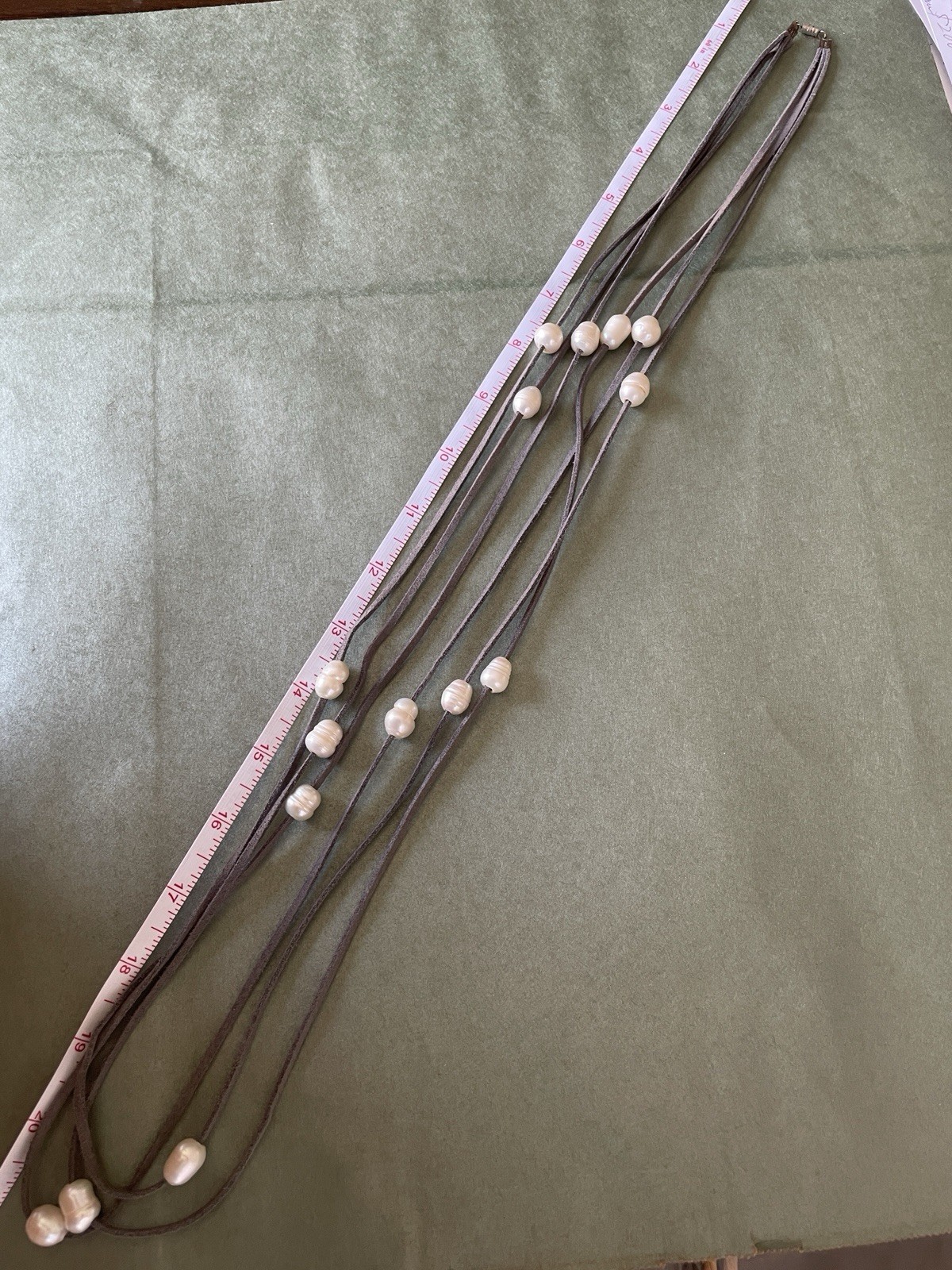 Layered Gray Leather Cord Necklace White Baroque Pearls Adjustable 36in