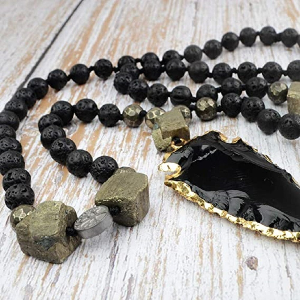 Natural Lava Rock Volcano Stone Beads Necklace Obsidian Arrow Charm Necklace
