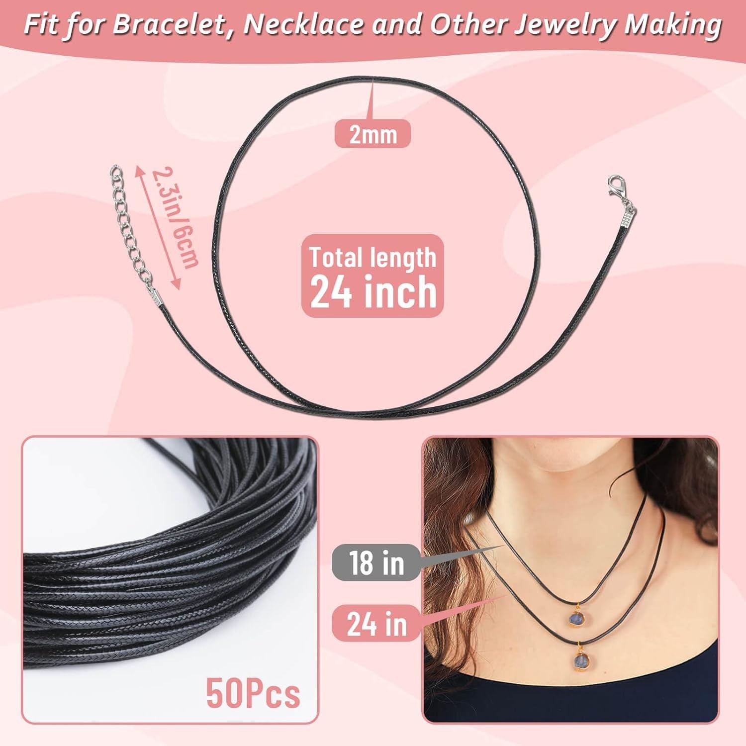 50 Pcs Black Waxed Cotton Cord Necklace String Rope with Clasp for Jewelry Ma…