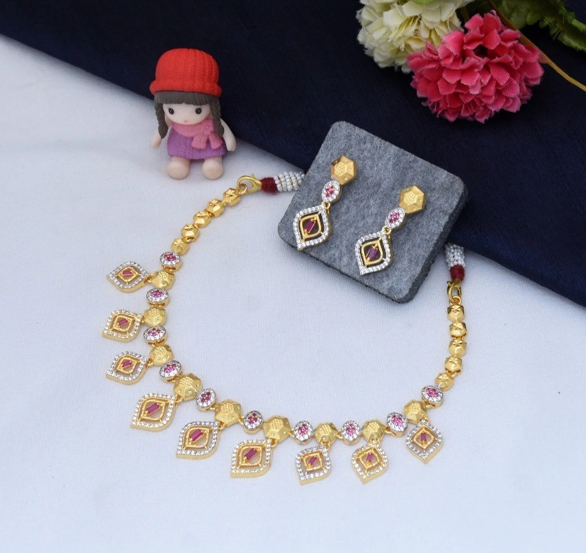 1 Gram Gold Plated 9 to 5 look Glittering Design Necklace Set for Women