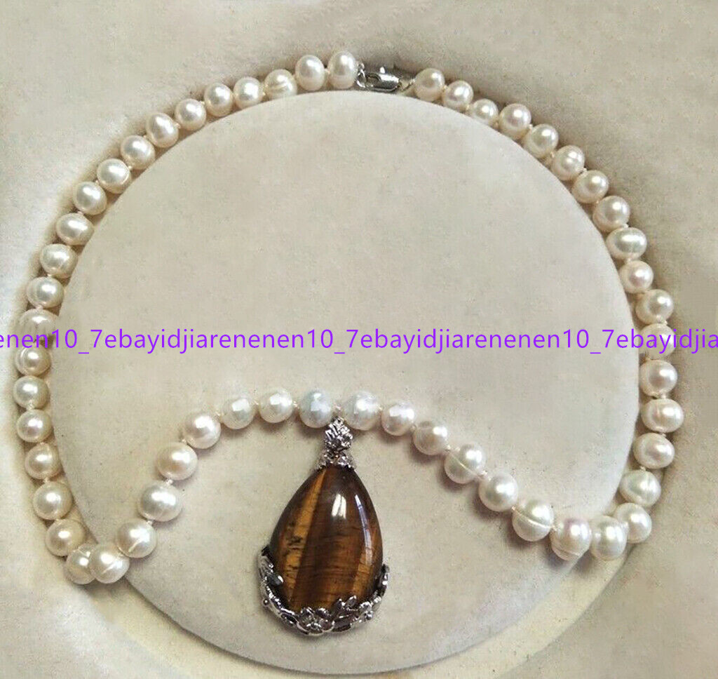Natural 7-8/8-9mm White Pearl Yellow Tiger’s Eye Drop Pendant Necklace 16-24 in