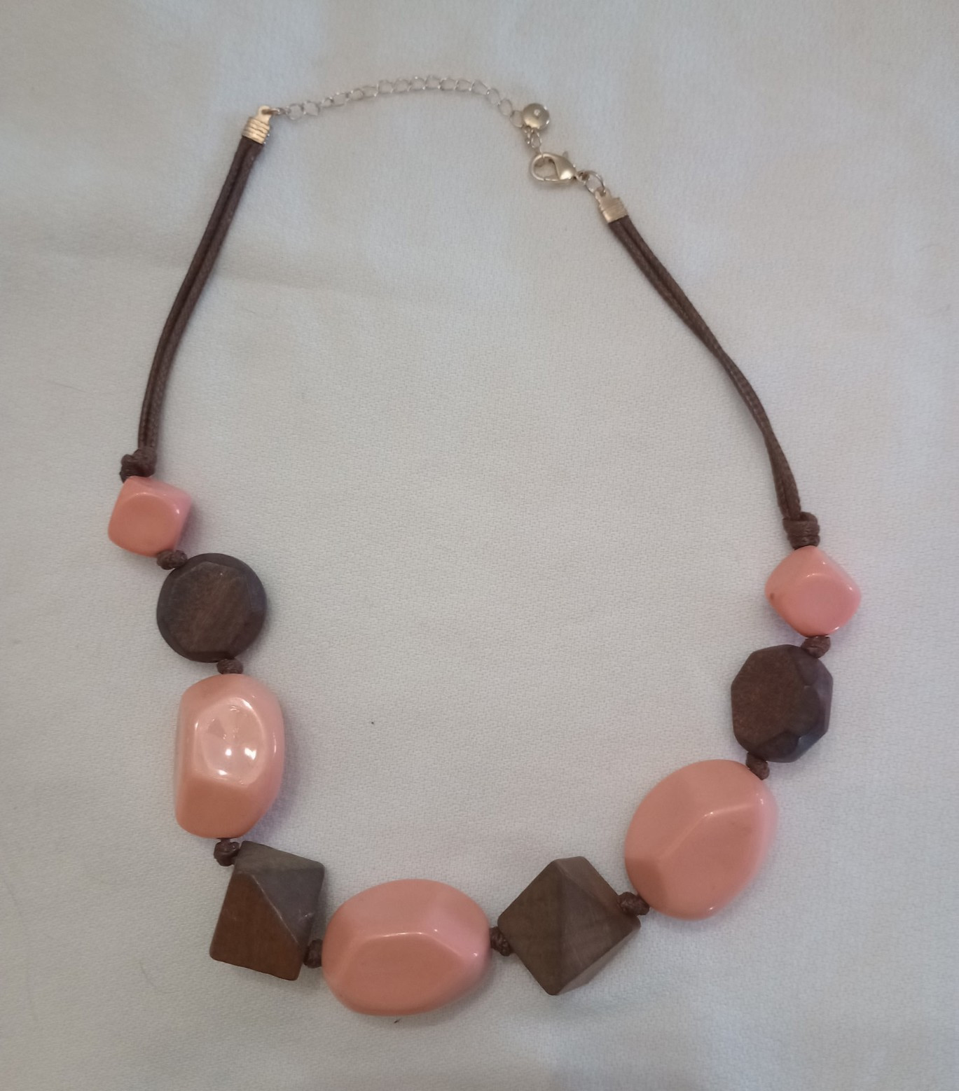 Pink & Brown Stone Beaded Statement Cord Necklace, Silver, Lobster, Adjustable