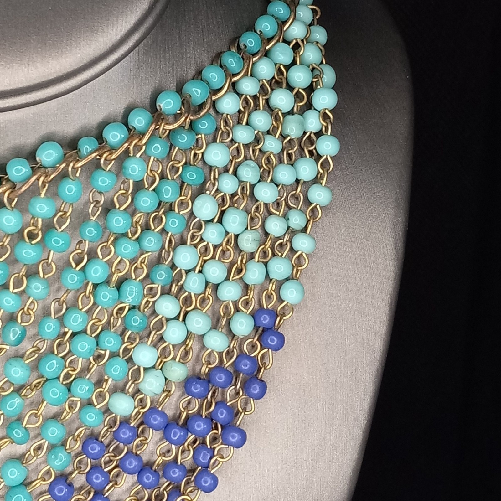 Cleopatra Style Glass Beads Blue Ombre Bib Layered Gold/Brass Tone Necklace
