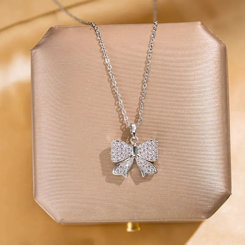 Gold Butterfly Zircon Pendant Titanium Steel Chain Simple Elegant Necklace