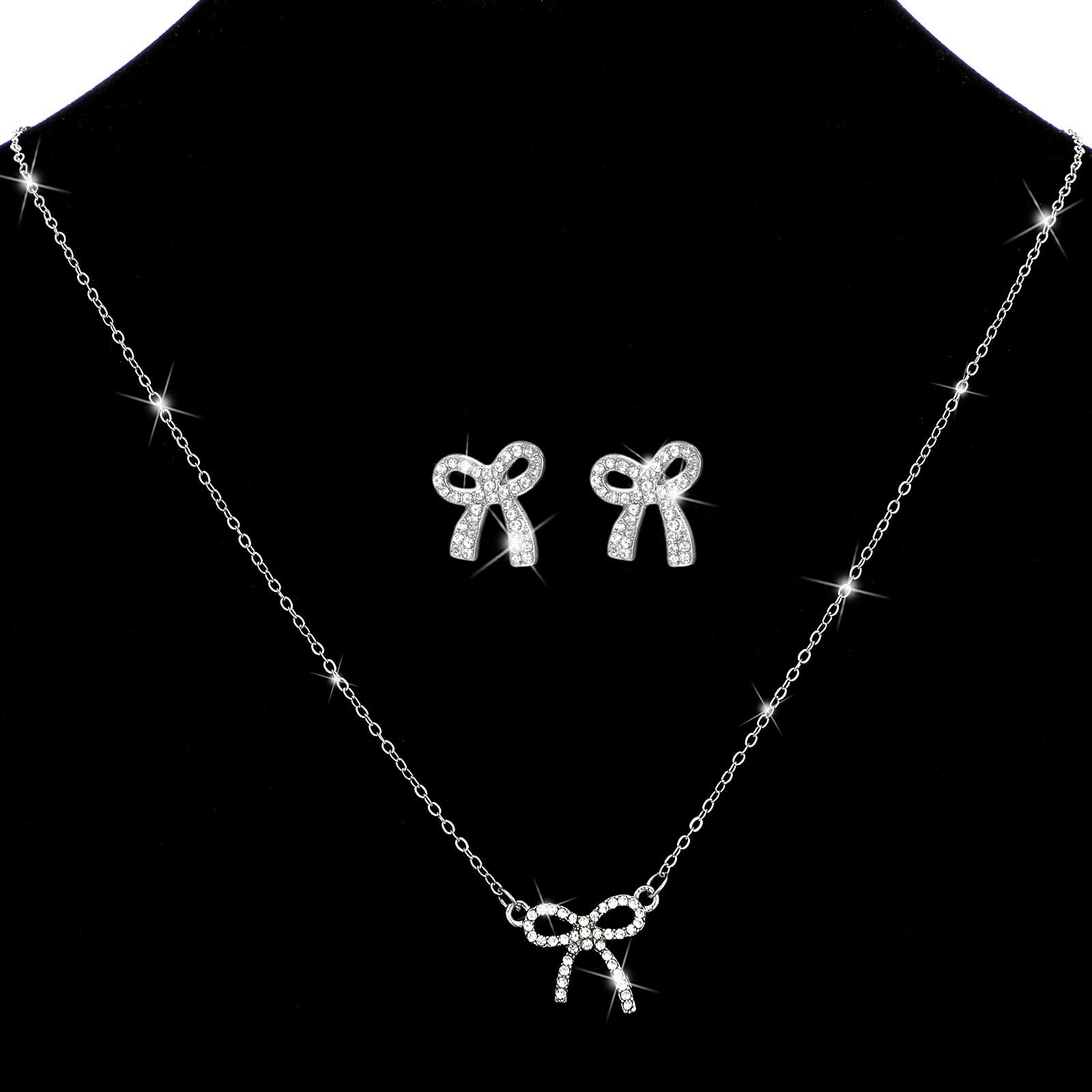 Silver Bow Necklaces Earrings for , Sparkly Rhinestone Bow Necklace Choker Ea…