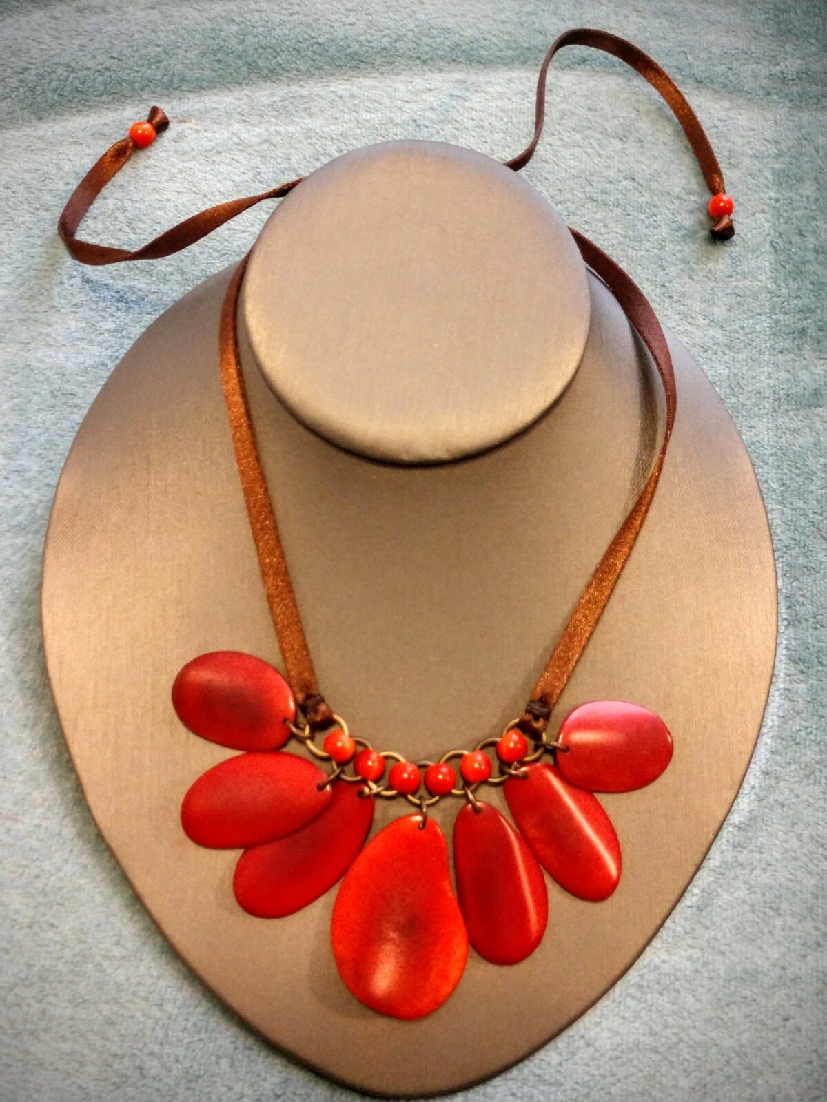 Voguish & Hot Red Wavy Ovals and Beads with Brown Cord Strand Necklace ~ Choker